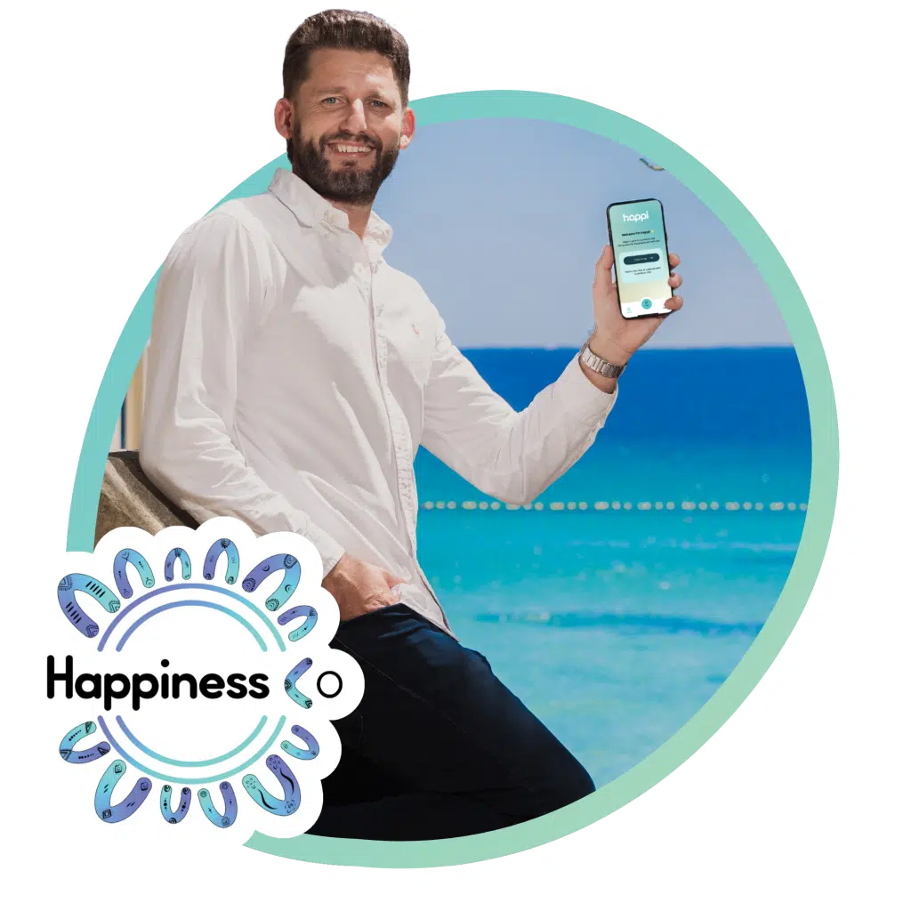 Happiness Co Founder Julian Pace and Happi App at Cottesloe Beach